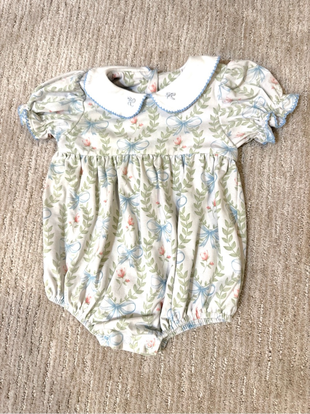 Castles & Crowns Smocked Floral Bow Baby Bubble Romper in Pastel Blue & Green